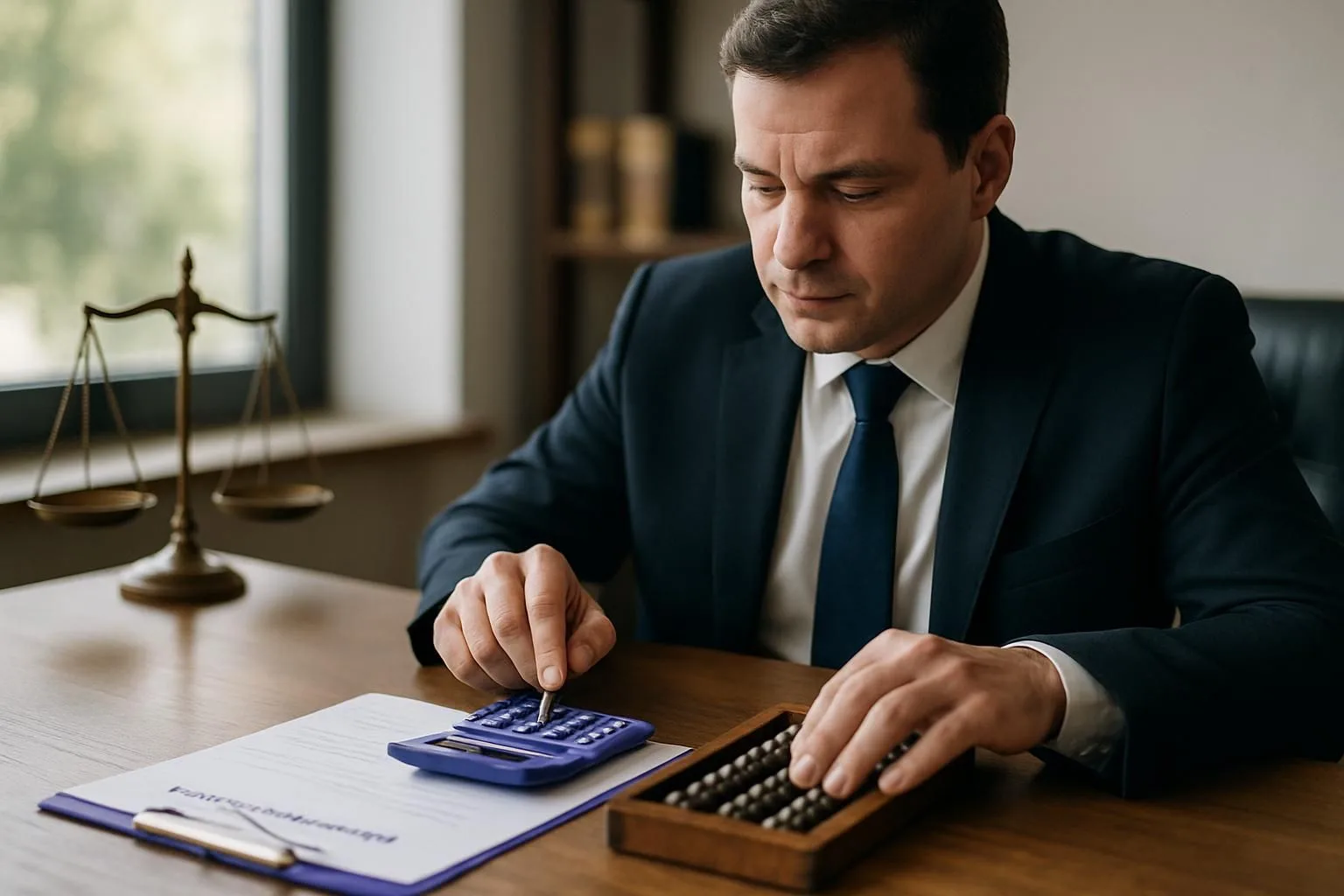 Иллюстрация к разделу «адвокат за столом с калькулятором, счётом и документом «рекомендуемые минимальные ставки» — нижняя граница гонорара как расчёт, а не интуиция»
