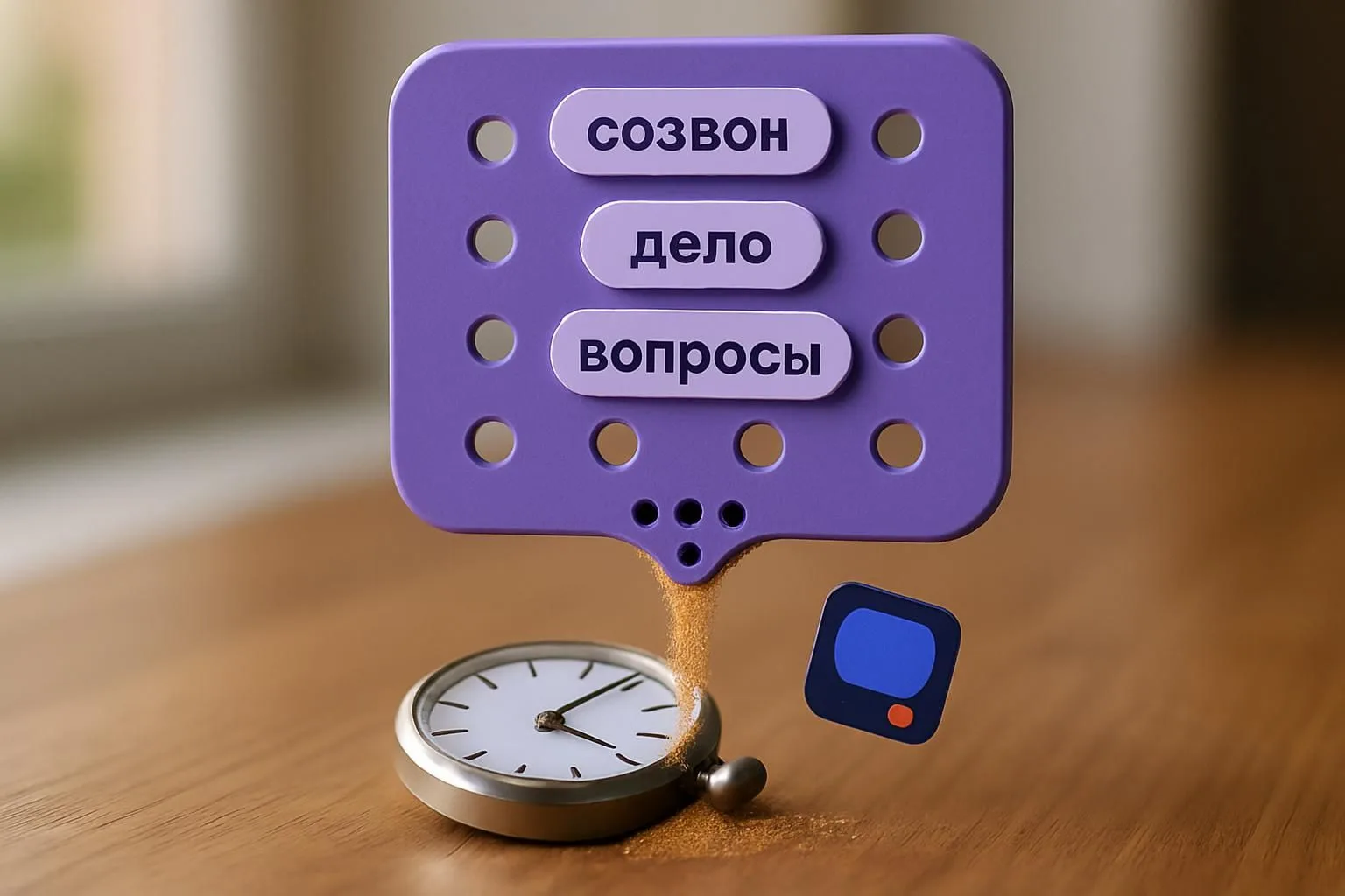 Иллюстрация к разделу ««решето» из соглашения, через дырки которого утекают часы: записи «созвон», «дело», «вопросы», такси, сообщения в мессенджере»